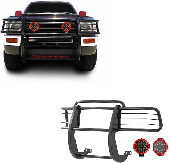 Black Horse Grille Brush Bumper Guard Modular Black Come with Pair of 7.0" Dia.LED Lights with Red Trim Rings Compatible with 1996-1998 Toyota 4Runner|1998-2000 Toyota Tacoma-17T80202MA-PLR