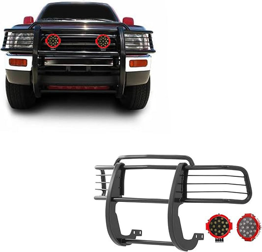 Black Horse Grille Brush Bumper Guard Modular Black Come with Pair of 7.0" Dia.LED Lights with Red Trim Rings Compatible with 1996-1998 Toyota 4Runner|1998-2000 Toyota Tacoma-17T80202MA-PLR
