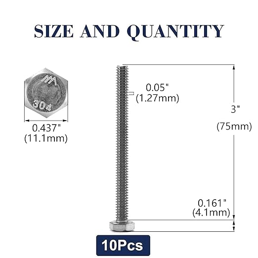 1/4-20 x 3 Hex Head Screw Bolt, 10Pcs 18-8 (304) Stainless Steel, Fully Threaded, Plain Finish, by SG TZH