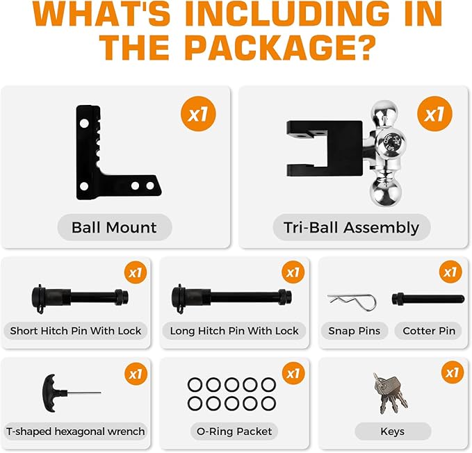 Kingfun Adjustable Trailer Hitch - Fits 2 Inch Receiver, Tri-Ball (1-7/8" X 2" X 2-5/16") 6-Inch Rise/Drop Hitch, 12500 Lbs Gtw Heavy Duty Aluminum Truck Tow Hitch with Anti-Theft Pins (Black)