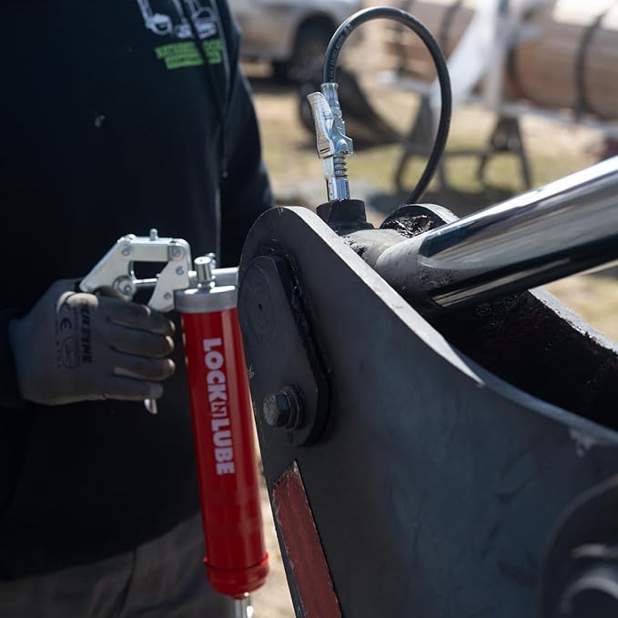 LockNLube Heavy-Duty Pistol Grip Grease Gun (Red). Includes our patented LockNLube® Grease Coupler (Locks On, Stays On, Won't Leak!) plus a high-quality 20" hose and in-line hose swivel