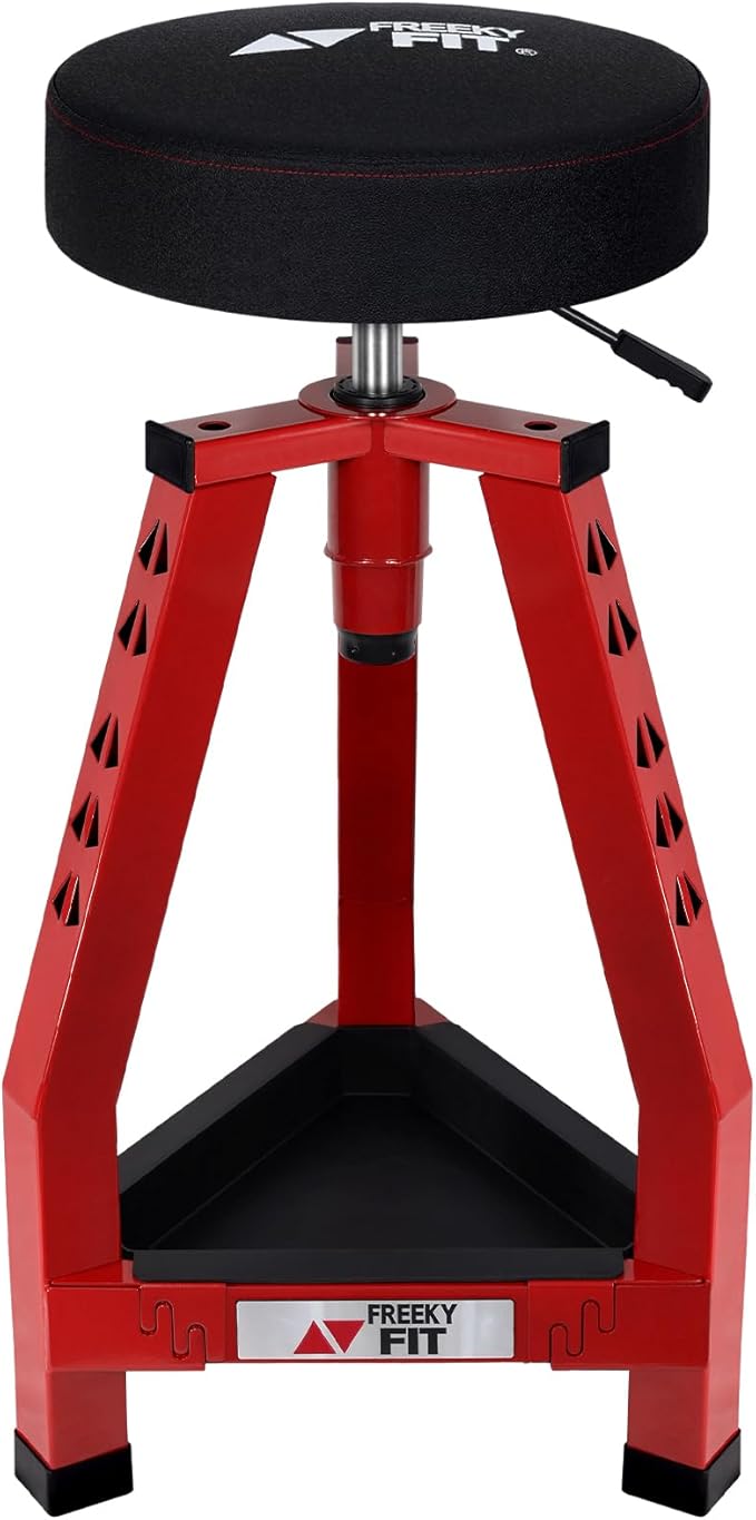 Adjustable Tall Shop Stool, Mechanic Garage Bar Stool Chair, Work Metal Chair for Workshop,360° Swivel Padded Seat, Tool Tray Storage, 350 LBS Capacity, Heavy Duty, Red