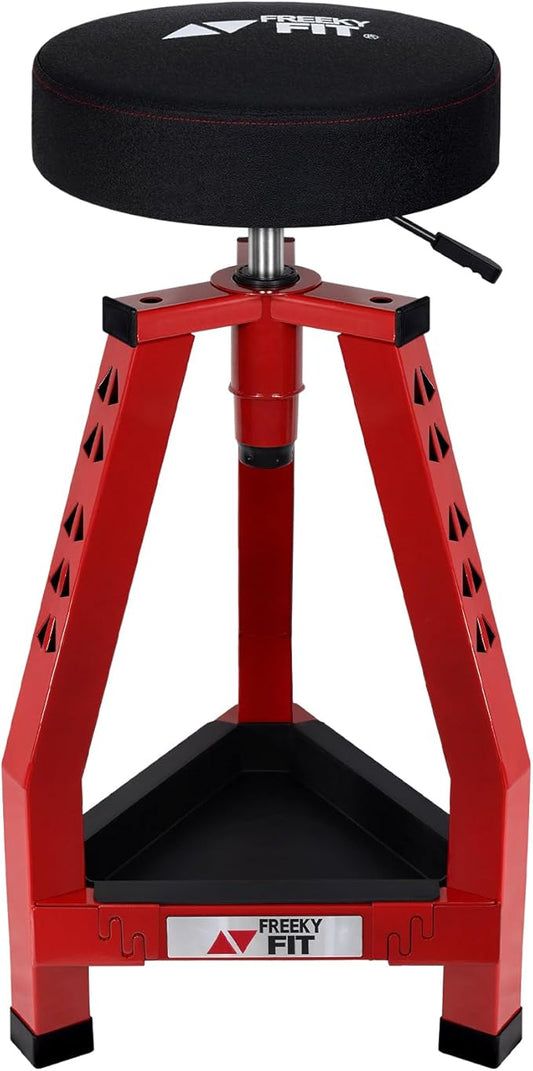 Adjustable Tall Shop Stool, Mechanic Garage Bar Stool Chair, Work Metal Chair for Workshop,360° Swivel Padded Seat, Tool Tray Storage, 350 LBS Capacity, Heavy Duty, Red