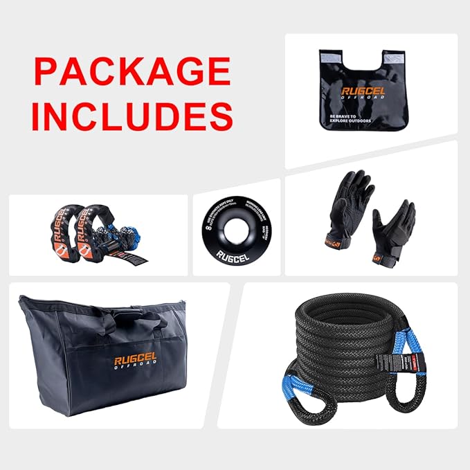 RUGCEL Kinetic Recovery Rope Tow Rope - 34000 lbs Strength, 1" x 30ft, with Heavy-Duty Gloves, Soft Shackle & Snatch Block - Ideal for Car, Truck, SUV, UTV, ATV & Tractor - Black Tow Straps