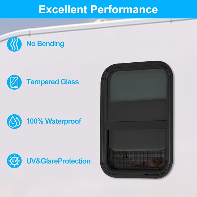 2 Pack 15" W x 22" H RV Window Vertical Sliding, DOT Certified - Shatterproof Tempered Tinted Glass, with Net Screen and Trim Ring, Teardrop Replacement Trailer Camper Window