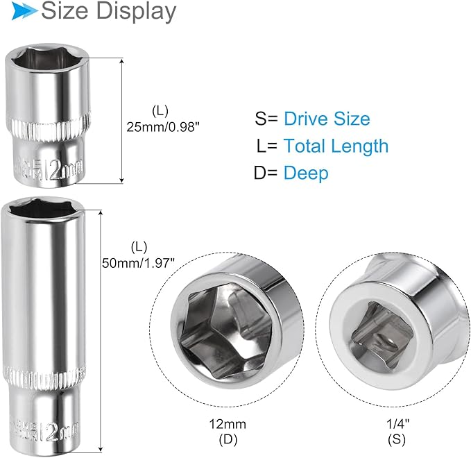 6-Point Socket, 1/4" Drive 12mm Deep, Polished Chromed CR-V Metric Deep and Shallow Impact Socket - (Applications: for Ratchet Torque Electric Wrenches Car Repair), 2-Pieces