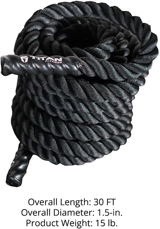Titan Fitness Battle Rope 30ft x 1.5in, Poly Dacron Heavy Rope for Home Gym Conditioning Workouts, Cross-Train, Strength Training Exercises