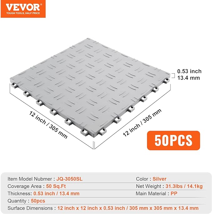 VEVOR Garage Tiles Interlocking, 12 x 12 x 0.53 inch 50 Pack Garage Floor Covering Tiles, Non-Slip Double-Sided Texture Garage Flooring Tiles, for Garages, Basements, Repair Shops, Silver