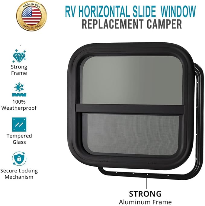ProFlex RV Vertical Sliding Window 14" W x 16" H – Heavy Duty Ultra Thick Tempered Glass, RV Camper Windows Replacement with Trim for 1-1/2’’ Wall Thickness – Easy Installation, DOT Certified