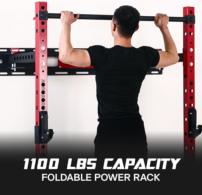 Folding Squat Cage Wall Mounted, 1100 LBS Foldable Squat Power Rack Weight Cage with Pull Up Bar, J-Cups, Landmine and Partable Space Saving Standing for Home Gym Garage Workout