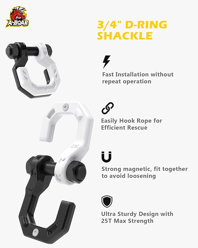 D-Ring Separate Shackles, 2Pack, 3/4" D-Ring Shackles 7/8" Pin, 57320lbs Breaking Strength, Heavy Duty Forged Steel, D-Ring Shackles Towing Winch Shackle for Recovery, Off-Road, Black White