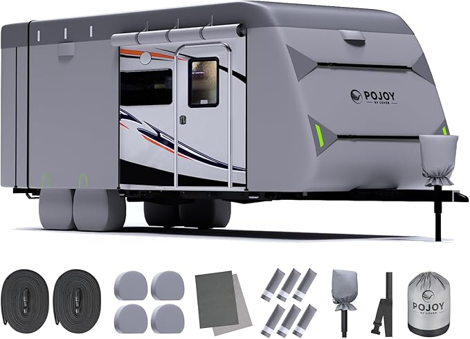 Waterproof Windproof RV Travel Trailer Cover, Anti-Rip Anti-UV 600D Oxford Fabric Camper Cover - with Tongue Jack Cover, Tire Covers, Gutter Covers, for 20'1"-22'