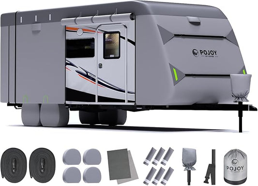 Waterproof Windproof RV Travel Trailer Cover, Anti-Rip Anti-UV 600D Oxford Fabric Camper Cover - with Tongue Jack Cover, Tire Covers, Gutter Covers, for 20'1"-22'