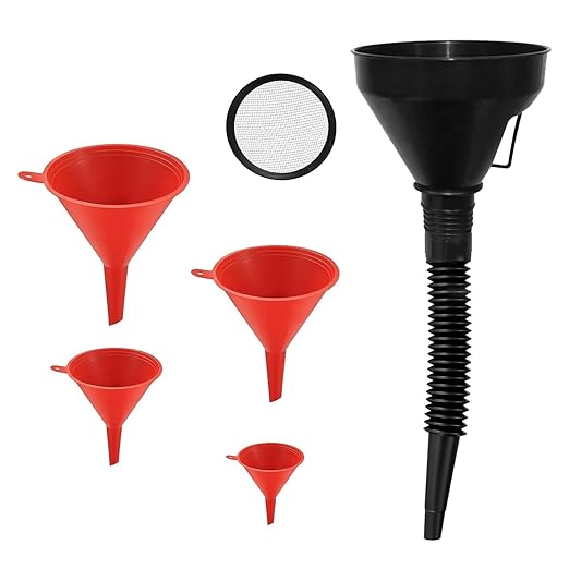 5 Pcs Automotive Funnels Set, Wide Mouth Fuel Funnel, Plastic Long Neck Oil Funnel, Flexible Right Angle Funnels, with Detachable Spout and Filter for Water/Gasoline/Coolant/Engine Oil