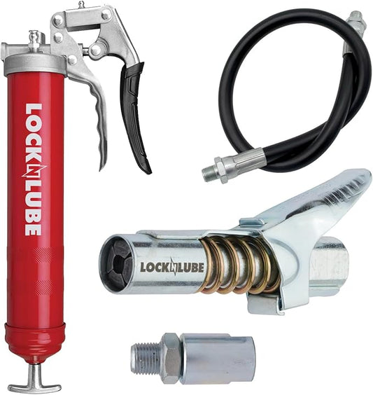 LockNLube Heavy-Duty Pistol Grip Grease Gun (Red). Includes our patented LockNLube® Grease Coupler (Locks On, Stays On, Won't Leak!) plus a high-quality 20" hose and in-line hose swivel