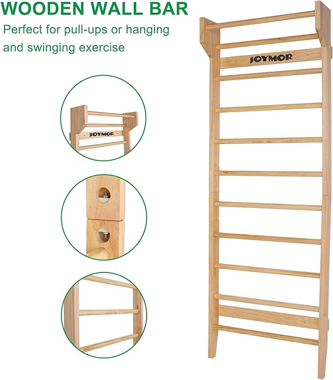 JOYMOR Gymnastics Swedish Ladder, Multiuse Exercise Ladder, Wall Mounted Pull Up Bar, Physical Therapy for Stretching and Various Exercises, Indoor Gym Workout Yoga (Wood Stall Bar)