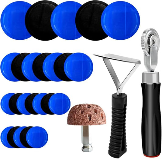 34Pcs Tire Patch Kit Tire Repair Tools, Tire Patch Roller Kit Tungsten Steel Buffing Wheel with Inner Liner Scraper Tire Patches for Car Motorcycle Bike Grinding (42 mm)