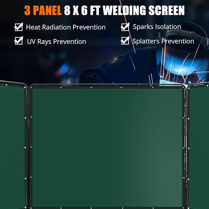 3 Panel 8x6 FT Vinyl Welding Screen with Frame, Flame-Resistant PVC Welding Curtain with Lockable Swivel Wheels, Transparent Welding Screen Panel for Welding Safety, Green