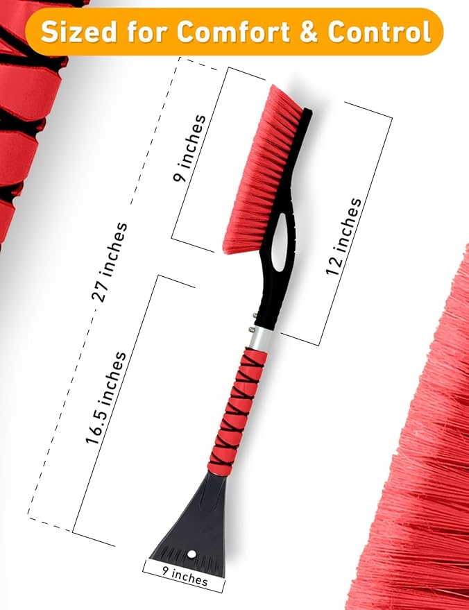 EcoNour 27" Car Snow Brush and Ice Scrapers for Car Windshield (Red- 2 Pack) | Scratch Free Bristle Head Snow Brush & Tough Window Snow Scraper with Aluminium Body