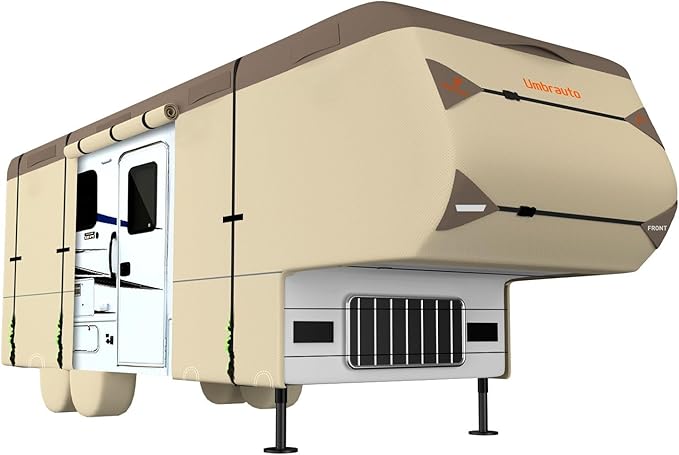 Umbrauto 5th Wheel RV Cover 7 Layers Top 3 Layers Side Waterproof Camper Cover for 34' to 37' Fifth Wheel Trailer with 4 Trailer Tire Covers, Tongue Jack Cover,Gutter Cover and Extra Windproof Ropes