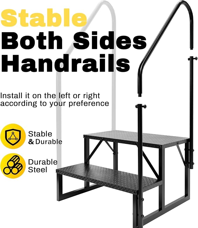 RV Steps with 2 Handrails, Hot Tub Steps Outdoor, 2 Step Ladder Stool, RV Stairs with Anti-Slip Panel, Camper Steps for Spa, Travel Trailers, Pool and Porch