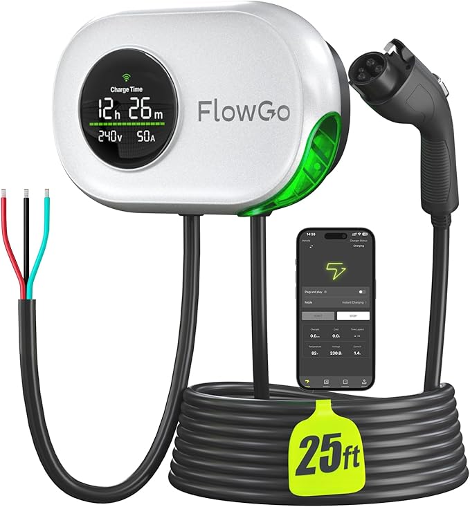 EV Charger Level 2 Hardwire 50A Smart Electric Car Home Charger Motion-Activated Display 240V with NEMA 14-50 Plug J1772 Connector 25FT Cable APP and WiFi Vehicle Charging Stations ETL Listed