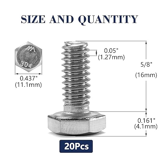 1/4-20 x 5/8" Hex Head Screw Bolt, 20Pcs 18-8 (304) Stainless Steel, Fully Threaded, Plain Finish, by SG TZH