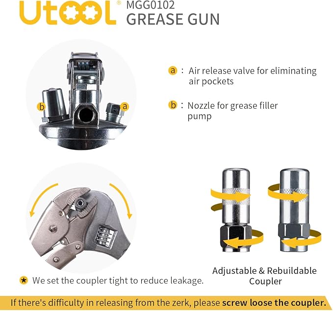 UTOOL Grease Gun, 8000 PSI Heavy Duty Pistol Grip Grease Gun Kit with 14 oz Capacity, 18 Inch Resin Flex Hose, 2 Basic Coupler, 2 Extension Rigid Pipe and 1 Sharp Type Nozzle, Argent Matte Finish