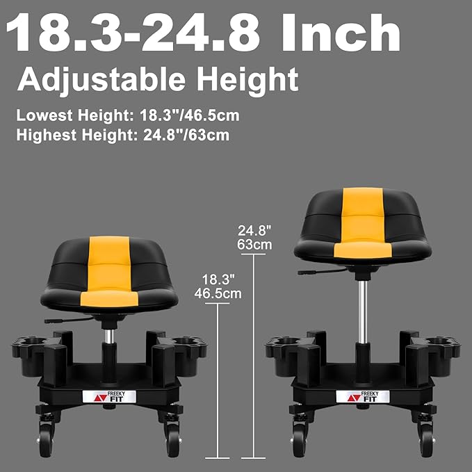 Rolling Shop Stool with Wheels, Adjustable Garage Mechanic Stool Seat Shop Roller Work Chair Mobile Rolling Seat with Tool Tray, 2 Cup Holders, 4" Casters, 350 LBS, Heavy-Duty,Yellow