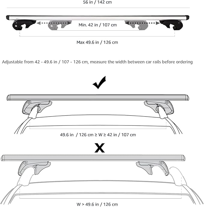 Amazon Basics Cross Rail Roof Rack, 56 inches, Fits up to 49.6" Spans between Raised Side Rails with Gap, Pack of 2, Black/Silver