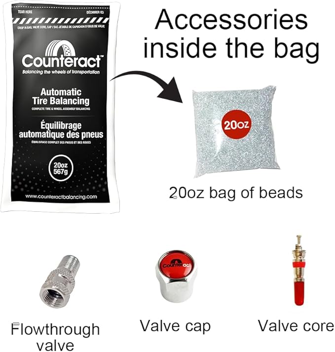 Counteract DIYK-20 Do It Yourself Tire/Wheel Balancing Beads Kit - Off -Road, Medium/Heavy Duty Truck Tires, (4) 20oz DIY Bead Bags, (4) Valve Caps and Cores, (1) Core Remover, Injector Bottle