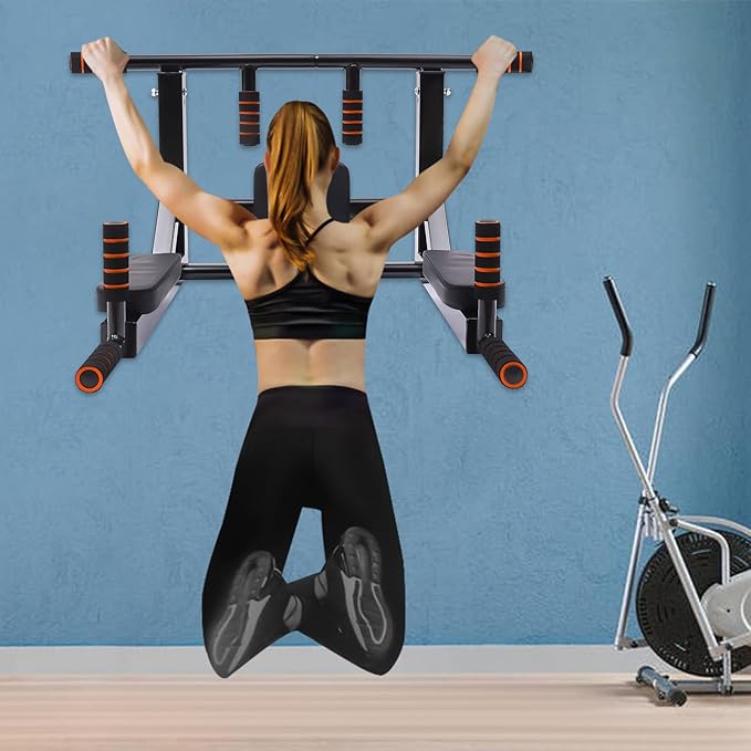 Wall Mounted Pull Up Bar, Adjustable Dip Station with PU Backrest & Anti-Slip Grips, Heavy Duty 440lbs Capacity Chin Up Bar for Home, Gym