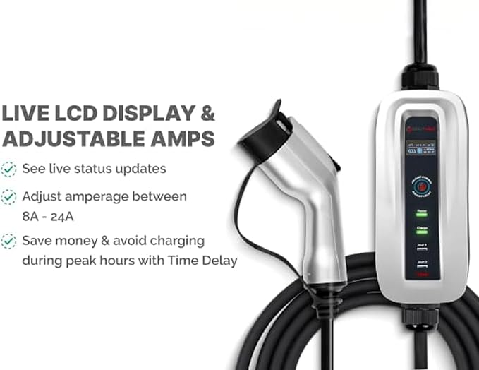 Splitvolt Level 2 Adjustable EV Charger (240v, 26 ft Cable, NEMA 14-50, Adjustable up to 40 Amps) Live LCD Screen Time Delay Start Function, NEC Fast 50A Circuit Charging J1772 Plug with Travel Bag