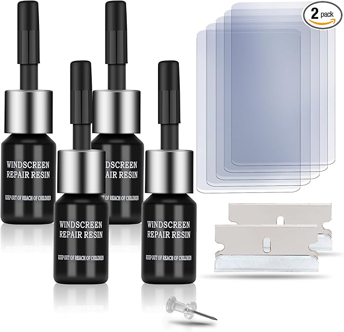 Car Windshield Crack Repair Kit,2Pcs Cracked Windshield Repair Kit, Rock Chip Repair Kit Windshield Chip Repair Kit Quick Fix for Chips, Cracks, Star-Shaped (Black, 4pcs)