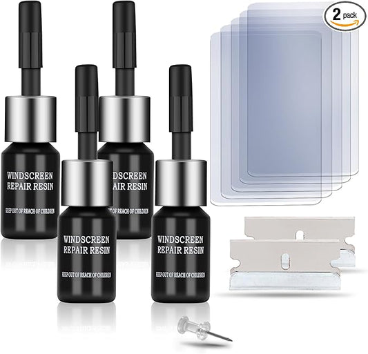 Car Windshield Crack Repair Kit,2Pcs Cracked Windshield Repair Kit, Rock Chip Repair Kit Windshield Chip Repair Kit Quick Fix for Chips, Cracks, Star-Shaped (Black, 4pcs)