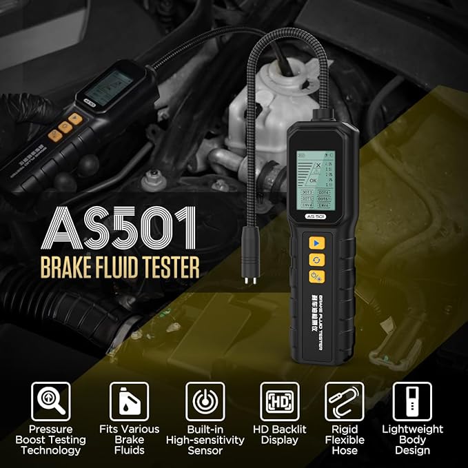 Brake System Bleeding Tools, AS501 Brake Fluid Tester,Automotive Oil Moisture Meter Detector for DOT-3/4/5/5.1,ENV4/ENV6,Built-in High-Sensitivity Sensor
