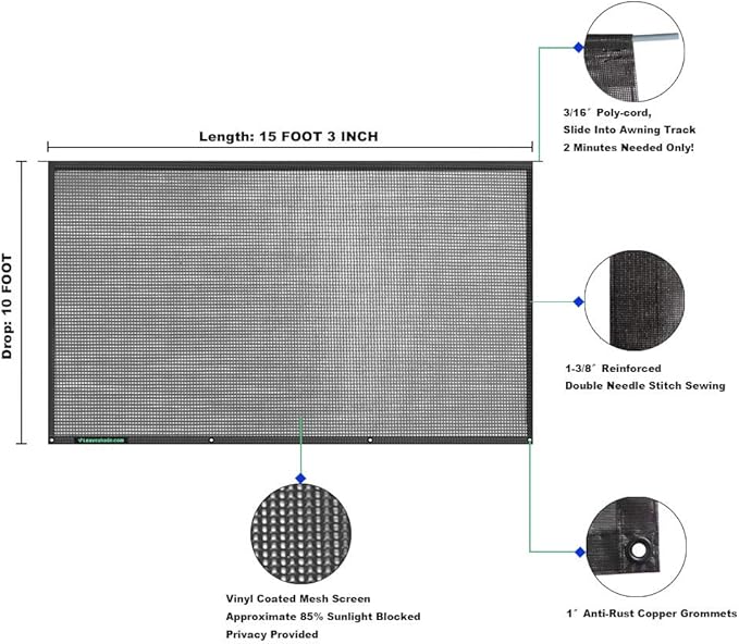 Tentproinc RV Awning Sun Shade Screen 10' X 15' 3'' (Fit for 16' Awning) Mesh Sunshade Block UV Glary Motorhome Camping Trailer Awning Shadescrreen UV Sunblocker Sunscreen - 3 Year Warranty (Black)