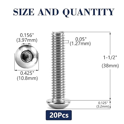 1/4-20 x 1-1/2" Button Head Socket Cap Bolts Screws, 20Pcs 304 Stainless Steel 18-8, Allen Hex Drive, Bright Finish by SG TZH(with Hex Spanner)