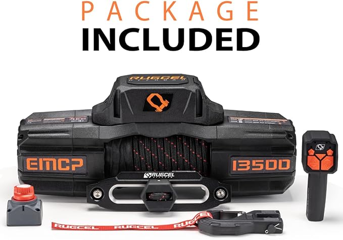 RUGCEL WINCH 12V EMCP Winch 13500lb New Waterproof Electric Synthetic Rope Jeep Winch with Hawse Fairlead,2 in 1 Infrared Remote Control,Dual Color Rope,for Truck SUV