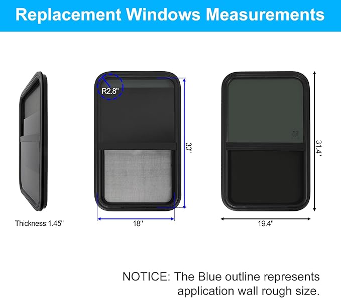 2 Pack 18" W x 30" H RV Window Vertical Sliding, DOT Certified - Shatterproof Tempered Tinted Glass, with Net Screen and Trim Ring, Teardrop Replacement Trailer Camper Window