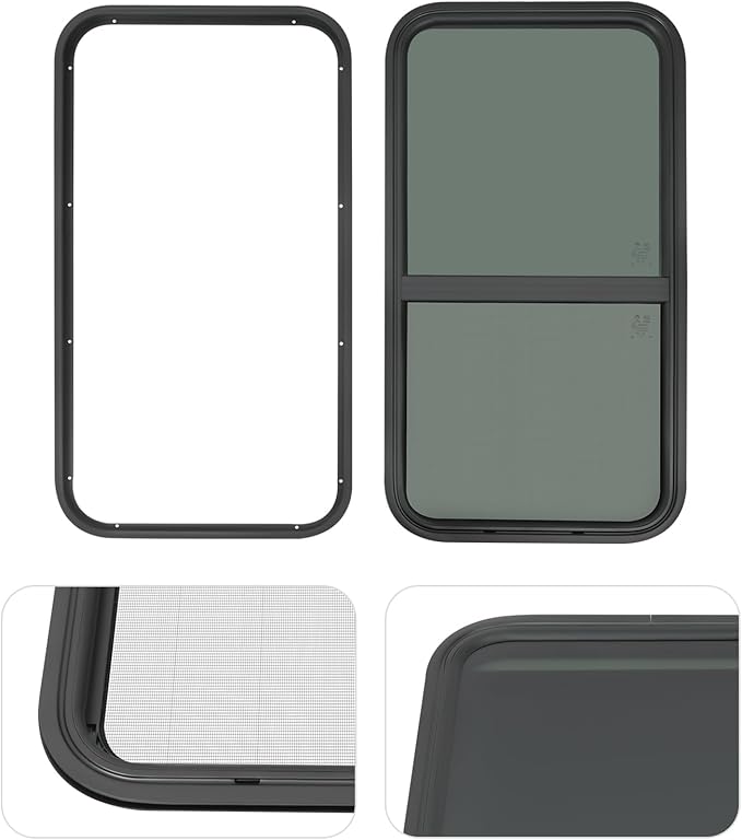 RV Window, Teardrop Vertical Slide Black RV Window, 18" W x 35" H Vertical Sliding Window Camper Trailer Window Vertical Sliding Replacement Glass W/Trim Ring