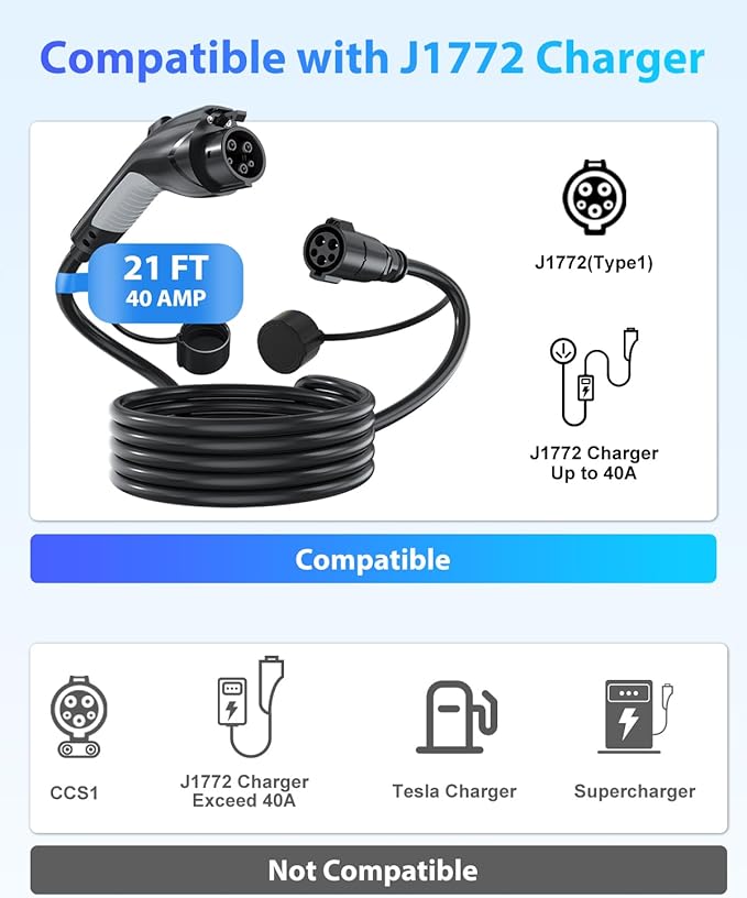 EV Charger Extension Cable, J1772 Extension Cable 40A 21FT Charging Cord for Electric Vehicle 110V-240V Compatible for All SAE J1772 Chargers (40A - 21FT)