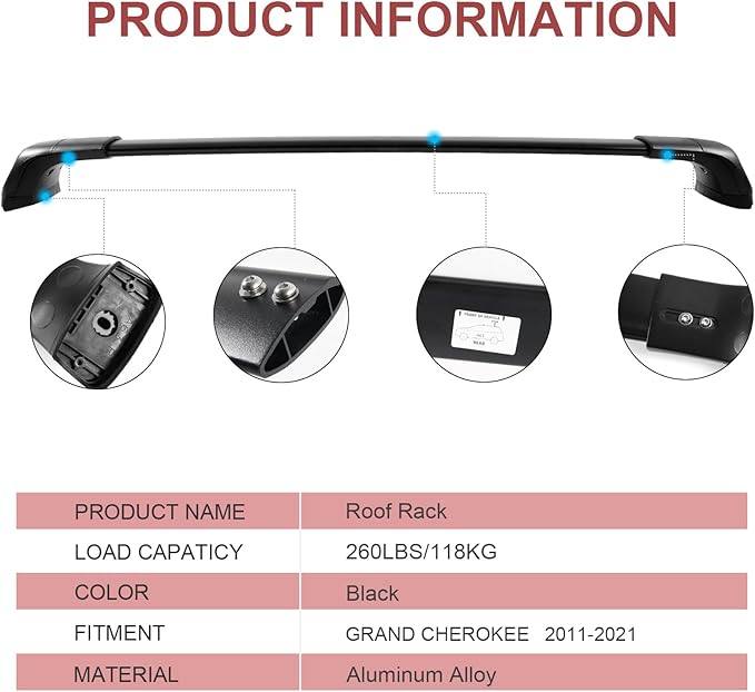KINGGERI Lockable 260lbs Roof Racks Cross Bars Fit for Jeep Grand Cherokee 2011-2021 with Grooved Side Rails(NOT for Raised Side Rails), Heavy Duty Anti-Theft Aluminum Rails Crossbars Cargo Kayak