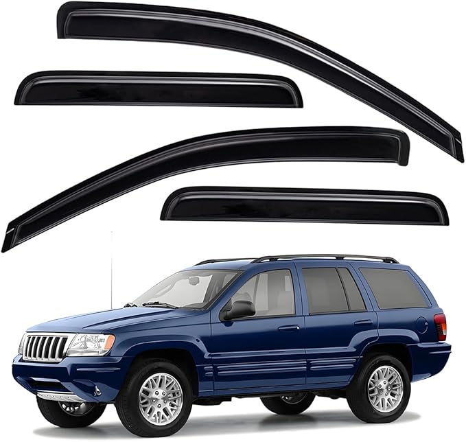 Lightronic Extra Durable Outside Mount Auto Vent Window Visor, Fits 1999-2004 Jeep Grand Cherokee, UV Protection Rain Guard, Original Wind Deflector, No-Drill Easy Install, Dark Smoke, 4-Pcs