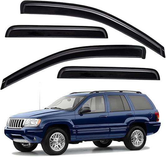 Lightronic Extra Durable Outside Mount Auto Vent Window Visor, Fits 1999-2004 Jeep Grand Cherokee, UV Protection Rain Guard, Original Wind Deflector, No-Drill Easy Install, Dark Smoke, 4-Pcs