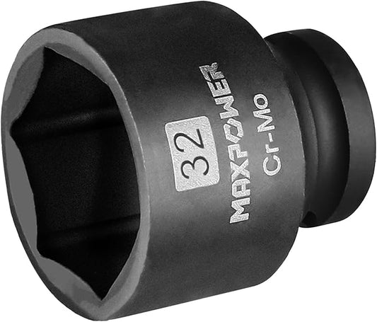 MAXPOWER 1/2 Inch Drive 32mm Standard Impact Socket, Made with Heat-Treated Chrome Molybdenum Steel, 6-Point Design, Metric