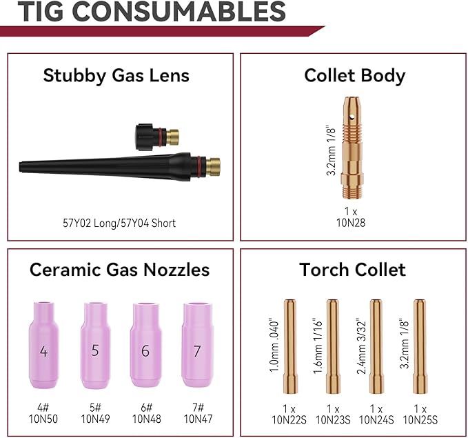 ARCCAPTAIN 11Pcs TIG Welding Torch Consumables Kit Collets Alumina Ceramic Cups for WP-17/18/26