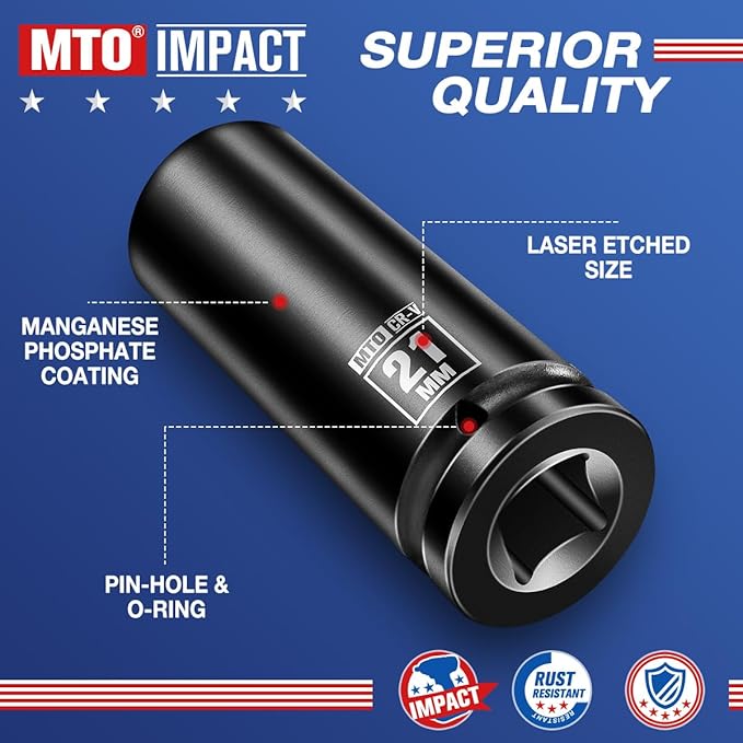 MTO 1/2" Drive 21mm Deep Impact Socket, 6-Point Metric Socket for Automotive Maintaince, CR-V Steel Meets ANSI Standards