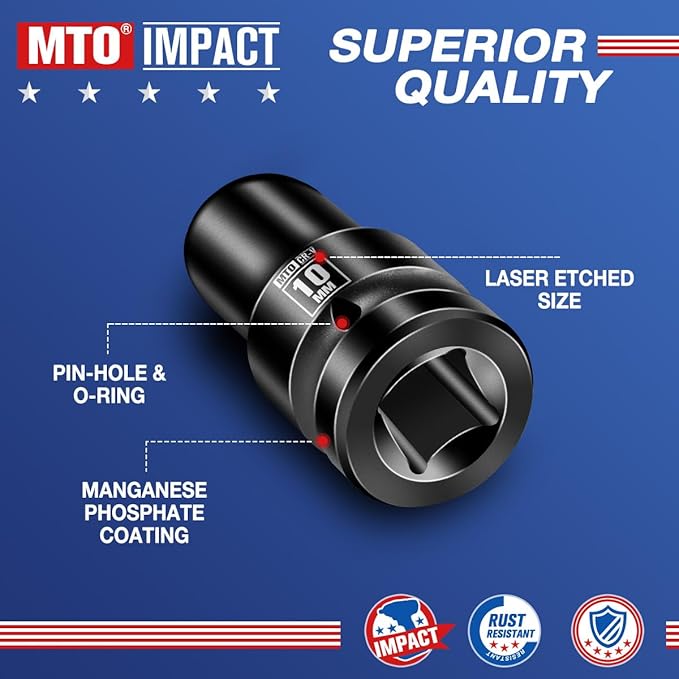 MTO 1/2" Drive 10mm Shallow Impact Socket, 6-Point Metric Socket for Automotive Maintaince, CR-V Steel Meets ANSI Standards