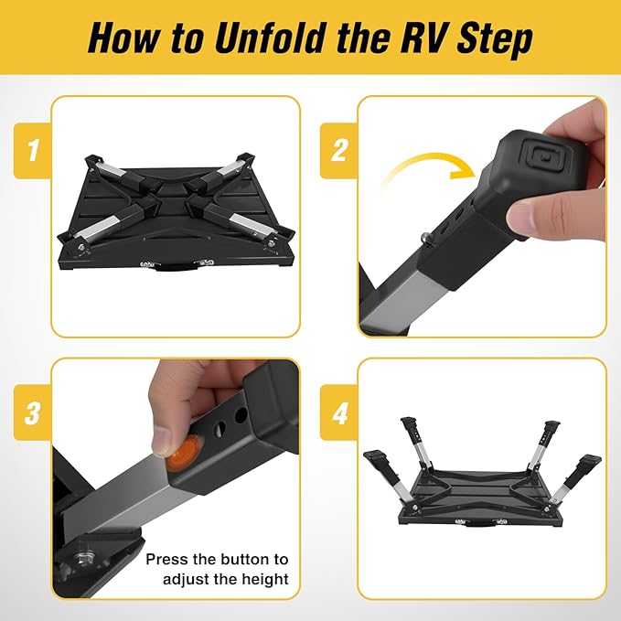 Nilight RV Step Stool Aluminum Folding Platform Steps 19x14.5 RV Steps 4 Levels Adjustable Heavy Duty Step Stool with Anti-Slip Surface Rubber Feet Portable Handle 500lbs for Camper Trailer, Black